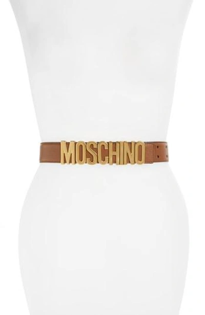 Moschino Logo Leather Belt In Brown With Gold