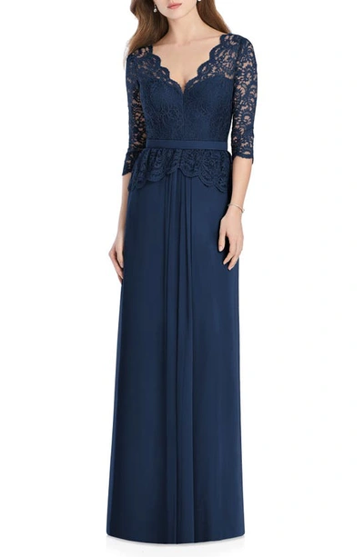 Jenny Packham Lux Lace & Chiffon Column Gown In Midnight