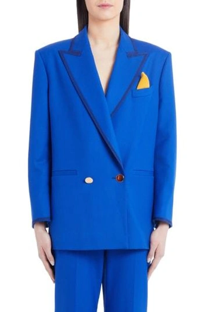 Sara Battaglia Double-breasted Grosgrain-trimmed Wool-blend Twill Blazer In Bright Blue