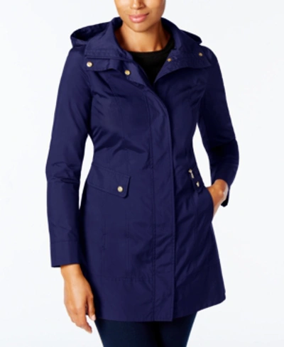 Cole Haan Petite Packable Hooded Water-resistant Raincoat In Indigo