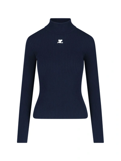 Courrèges Logo-embroidered Ribbed Sweater In Blue