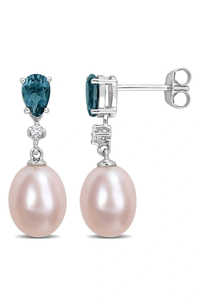 Delmar Diamond, Blue Topaz & 8-8.5mm Cultured Pearl Drop Earrings