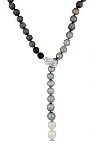 Delmar Cz & 10.5-11mm Cultured Pearl Y-necklace In Black