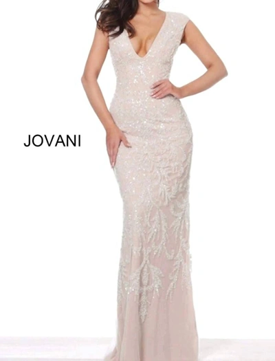 Jovani Plunging Neck Embellishment Dress In Silver Nude In Multi