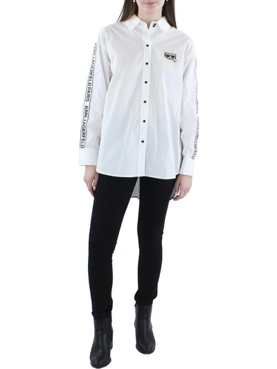 Karl Lagerfeld Womens Collared Logo Patch Button-down Top In White