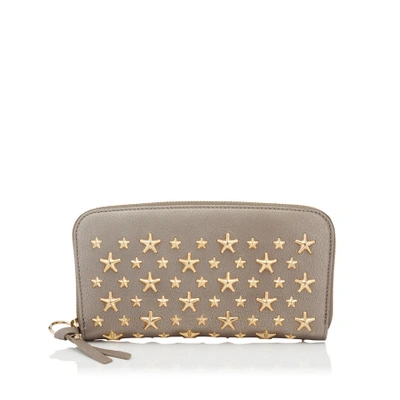 Jimmy Choo Filipa Light Khaki Pearlized Grainy Leather Wallet With Gold Star Studs In Light Khaki/gold