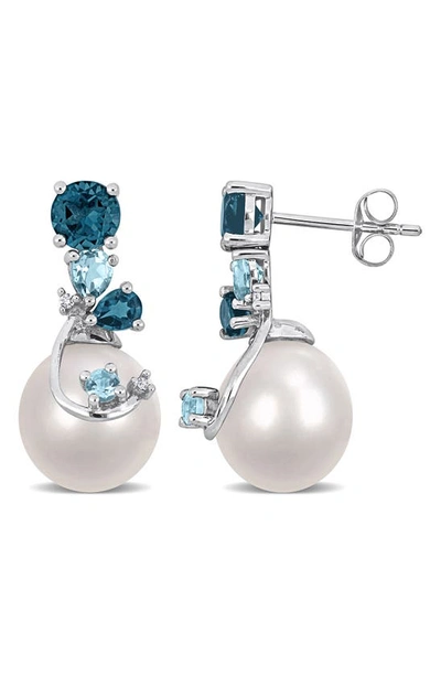 Delmar Diamond, Blue Topaz & 9-10mm Cultured Pearl Earrings