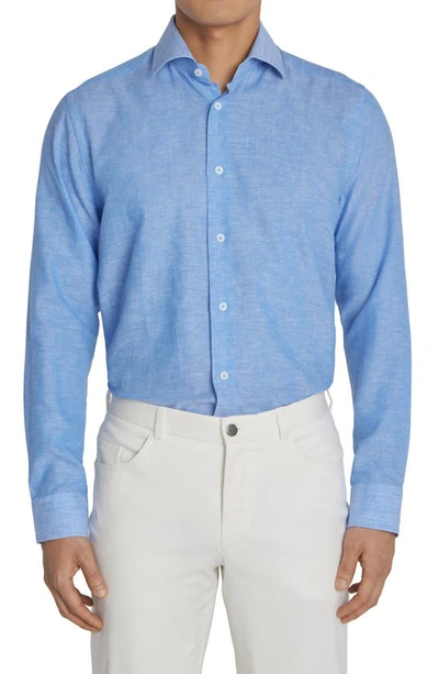 Jack Victor Clandeboye Contemporary Fit Solid Linen & Cotton Button-up Shirt In Blue