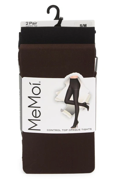 Memoi 2-pack Solid Control Top Tights In Brown/ Black