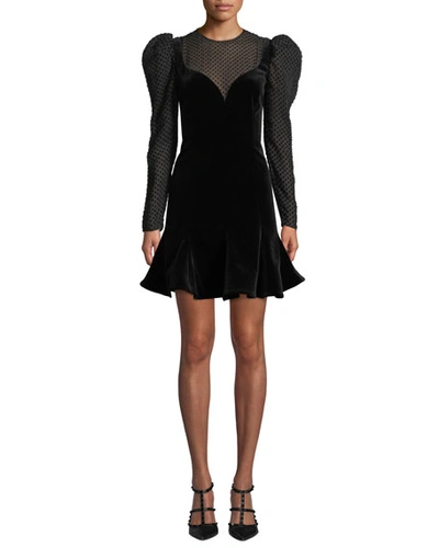 Valentino Strong-shoulder Long-sleeve Velvet A-line Mini Dress In Black