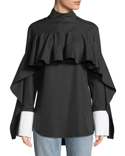 Monographie Button-back Ruffle Long-sleeve Shirt In Black