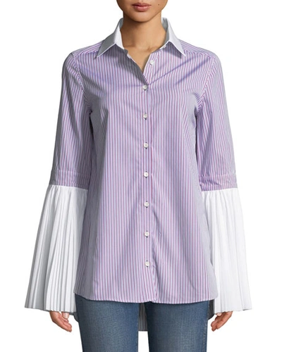 Monographie Pleated Button-front Striped Cotton Shirt