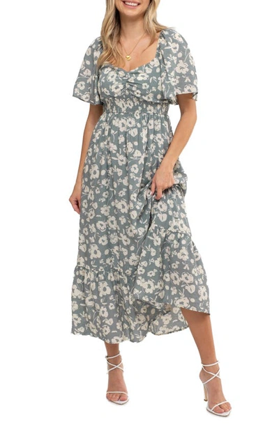 August Sky Floral Bell Sleeve Midi Dress In Dusty Sage