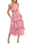August Sky Floral Tiered Midi Dress In Pink Multi