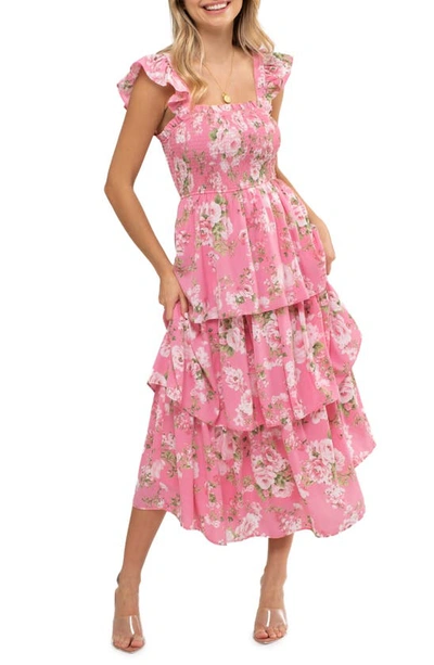 August Sky Floral Tiered Midi Dress In Pink Multi
