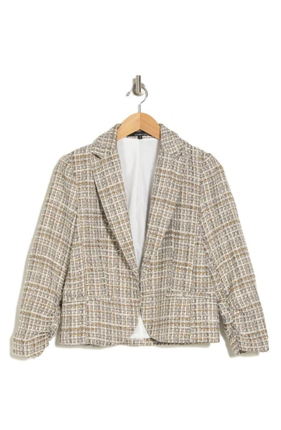 Amanda & Chelsea Scrunch Sleeve Bouclé Blazer In Camel Olive Multi