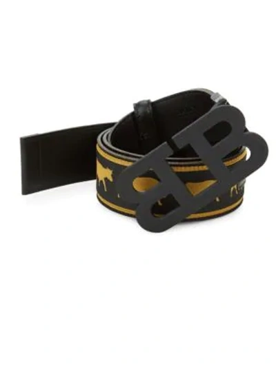 Bally Men's Matte Mirror B Buckle Reversible Cow Print Belt In Black/gold