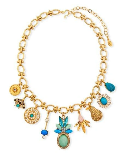 Sequin Multi-charm Necklace W/ Crystals In Turquoise