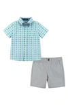 Andy & Evan Babies'  Woven Button-up Shirt, Bow Tie & Shorts Set In Mint & Grey