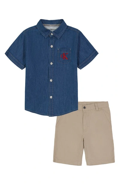 Calvin Klein Kids' Denim Button-up Shirt & Shorts Set In Blue/ Tan
