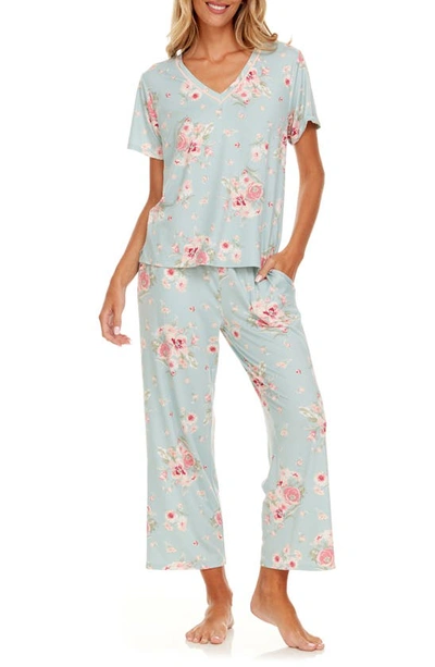 Flora By Flora Nikrooz Nancy Floral Short Sleeve Top & Capri Pants Pajamas In Sage