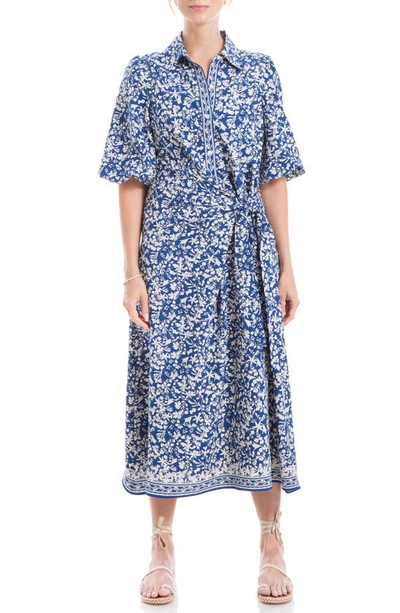 Max Studio Puff Sleeve Shirtdress In Blue Small Daisy Mixed Panel