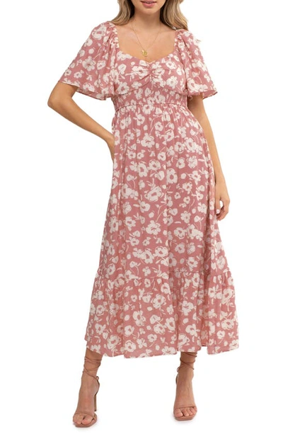 August Sky Floral Bell Sleeve Midi Dress In Dusty Rose