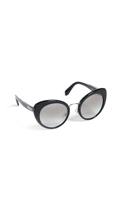 Miu Miu Round Cat Eye Sunglasses In Black/grey Mirror