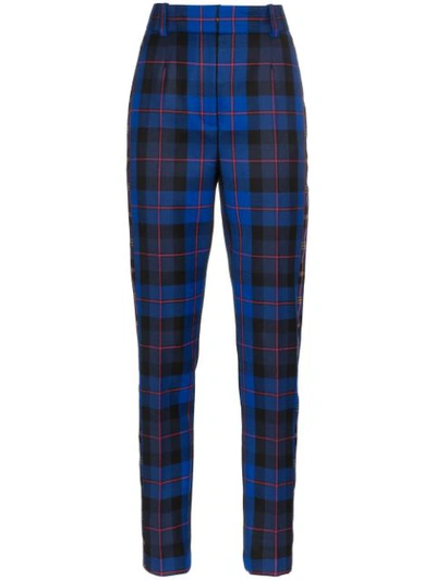 Versace High-waisted Skinny Plaid Trousers In Blue