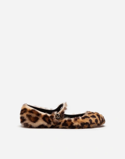 Dolce & Gabbana Ballet Flats In Leopard Faux Fur With Jewel Button In Leopard Print