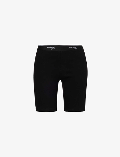 Hommegirls Womens Black Branded-waistband High-rise Stretch-cotton Shorts