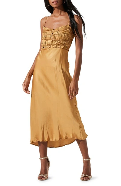 Astr Zola Shirred Satin Midi Dress In Antique Gold