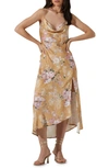 Astr Gaia Strappy Bias Cut Satin Midi Dress In Mustard Floral