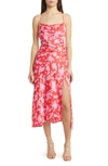 Astr Gaia Strappy Bias Cut Satin Midi Dress In Red Pink Floral