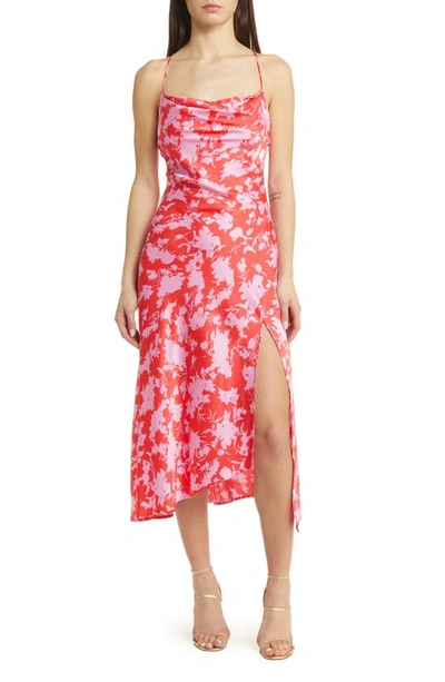 Astr Gaia Strappy Bias Cut Satin Midi Dress In Red Pink Floral