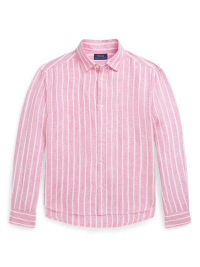 Ralph Lauren Kids' Logo刺绣条纹亚麻衬衫 In Pink & Purple