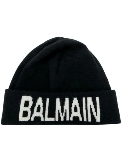 Balmain Men's Linen Cashmere Logo Beanie In Black White