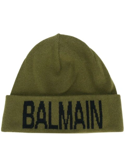 Balmain Linen Cashmere Logo Beanie In Khaki