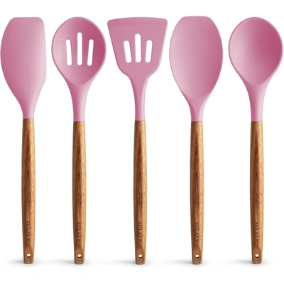 Zulay Kitchen Non-stick Silicone Cooking Utensils Set With Authentic Acacia Wood Handles (5 Piece) In Pink