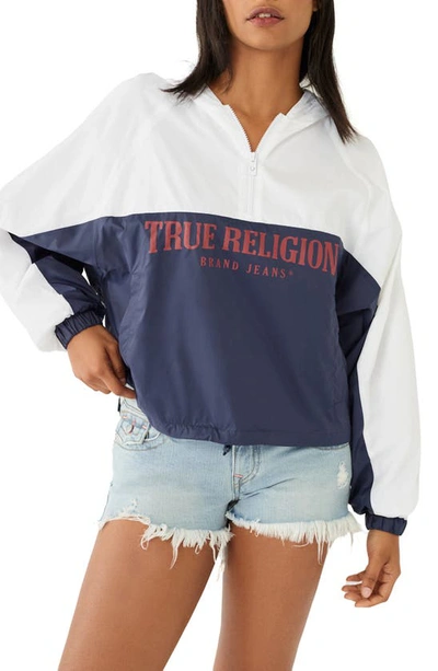 True Religion Brand Jeans Colorblock Oversize Quarter-zip Pullover In Dress Blue