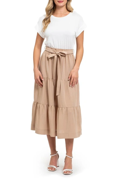 August Sky Tiered Midi Dress In Khaki