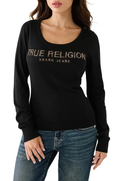True Religion Brand Jeans Rhinestone Logo Pullover Sweater In Jet Black