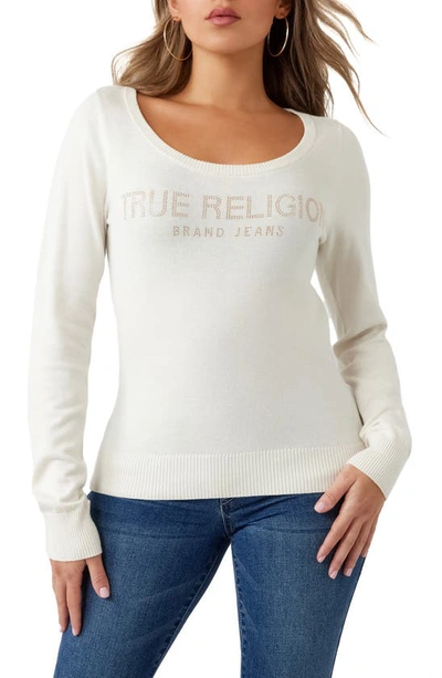 True Religion Brand Jeans Rhinestone Logo Pullover Sweater In Winter White