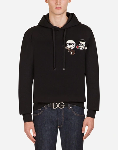 Dolce & Gabbana Cotton Sweatshirt With Designers' Patches And Hood In Black