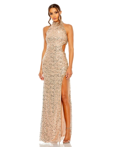 Mac Duggal Side Cut Out High Neck Sequin Gown In Rose Gold