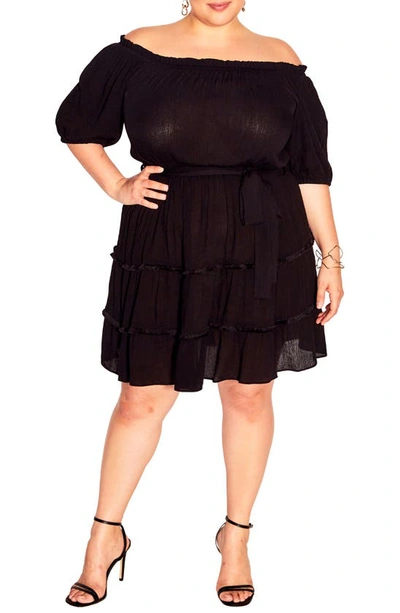City Chic Fiesta Fringe Off The Shoulder Dress In Black