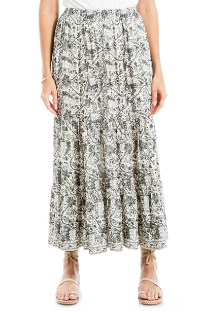 Max Studio Floral Tiered Maxi Skirt In White Black Leaf