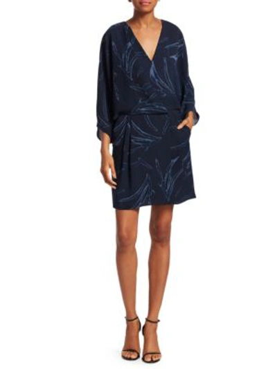 Halston Heritage Printed Kimono Sleeve Faux Wrap Dress In Blue