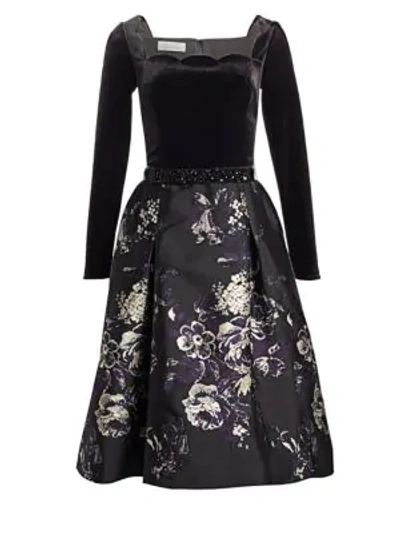 Teri Jon By Rickie Freeman Scalloped Floral Brocade Fit-and-flare Dress In Black Multi