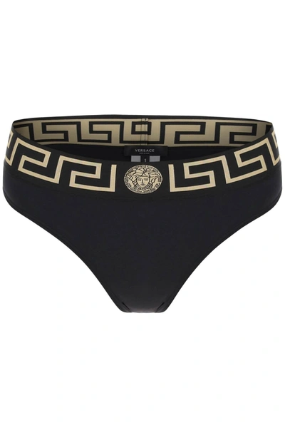 Versace Bikini Bottom With Greca Band In Black